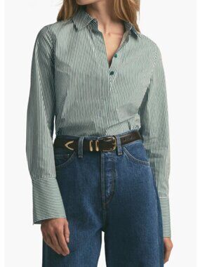 Favorite Daughter The Classic Poplin Shirt - Green Stripe, XS